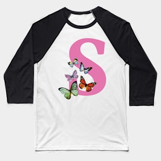 Letter pink S with colorful butterflies Baseball T-Shirt